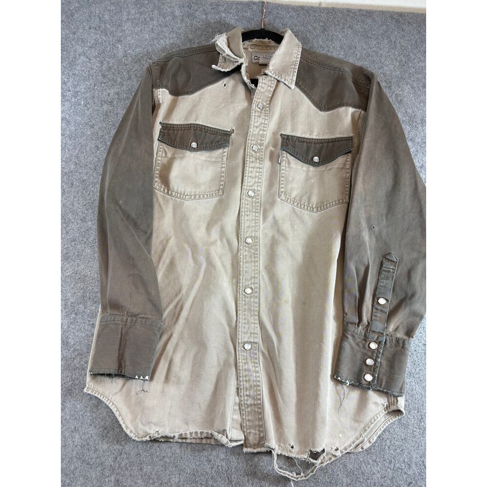 VTG Carhartt Western Shirt Mens Medium Brown Colorblock Twill Pearl Snap 2 Tone